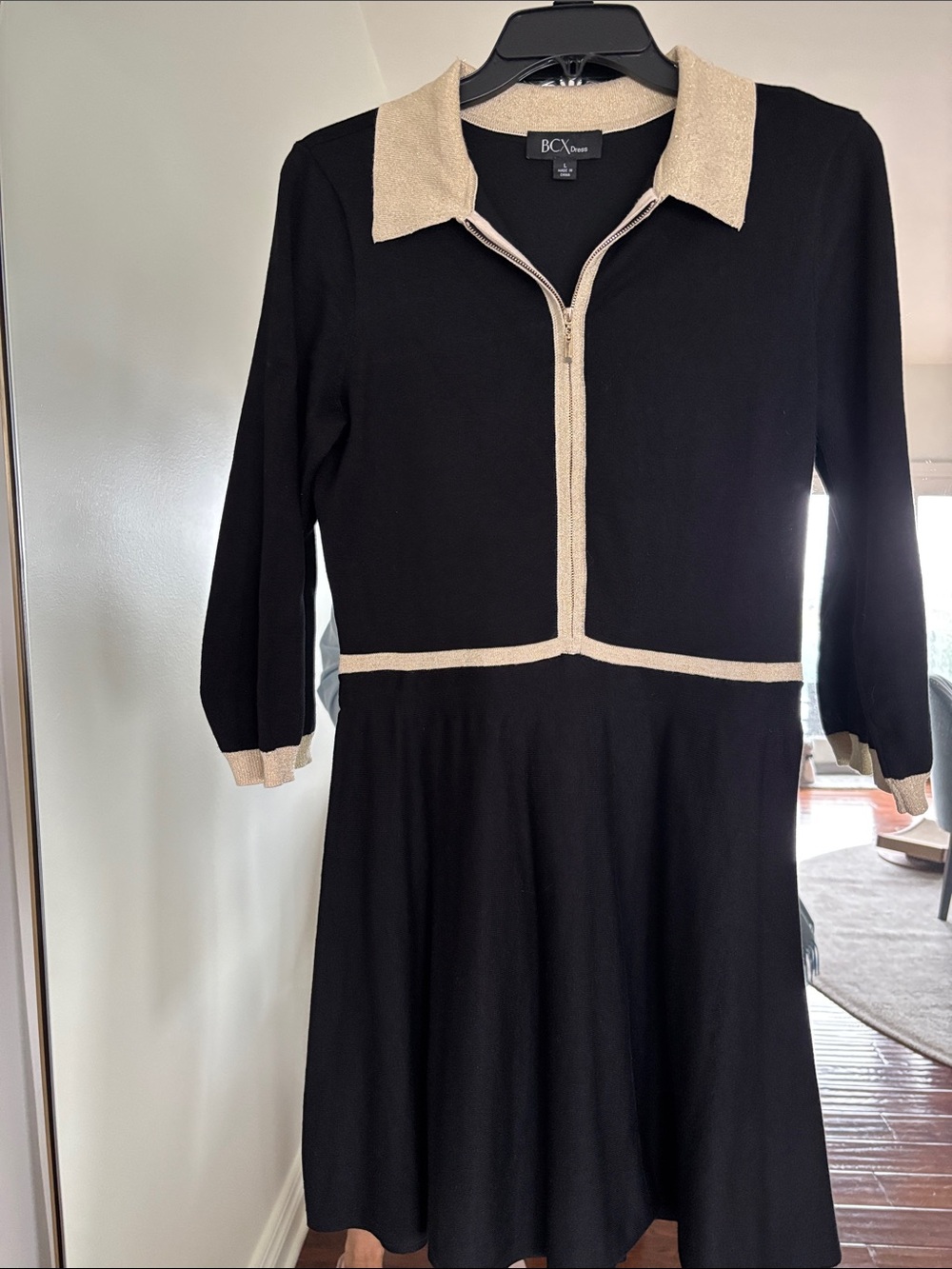 BCX Black Dress with Cream Trim Polo Zip